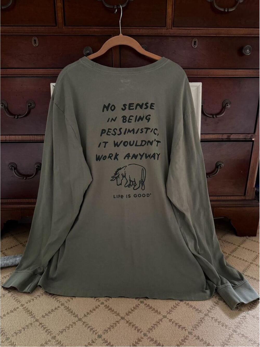 Life Is Good army green Eeyore Crusher long sleeved T-shirt NWOT XL